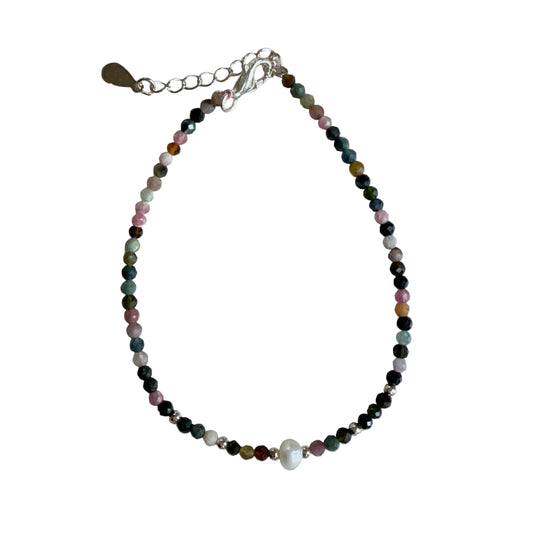 Watermelon Tourmaline 2mm Faceted Stone Bead with 3-4 mm Fresh Water Pearl Bracelet - Emotional Balance & Heart Healing
