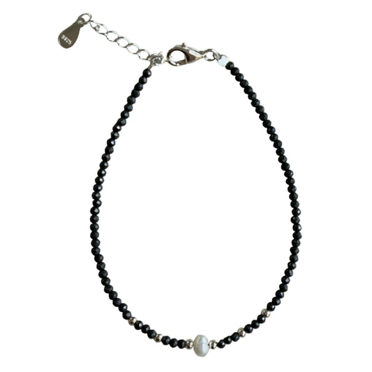 Shungite 2mm Faceted Stone Bead with 3-4 mm Fresh Water Pearl Bracelet