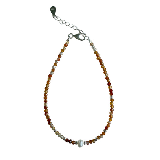 Carnelian 2mm Faceted Stone Bead with 3-4 mm Fresh Water Pearl Bracelet - Vitality, Confidence & Creative Power