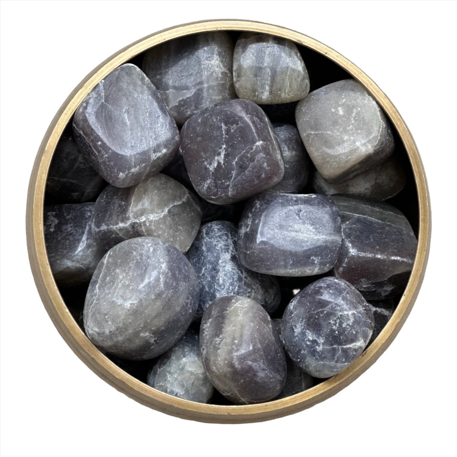 Iolite tumbled stones in a wooden bowl, enhancing intuition and personal development.