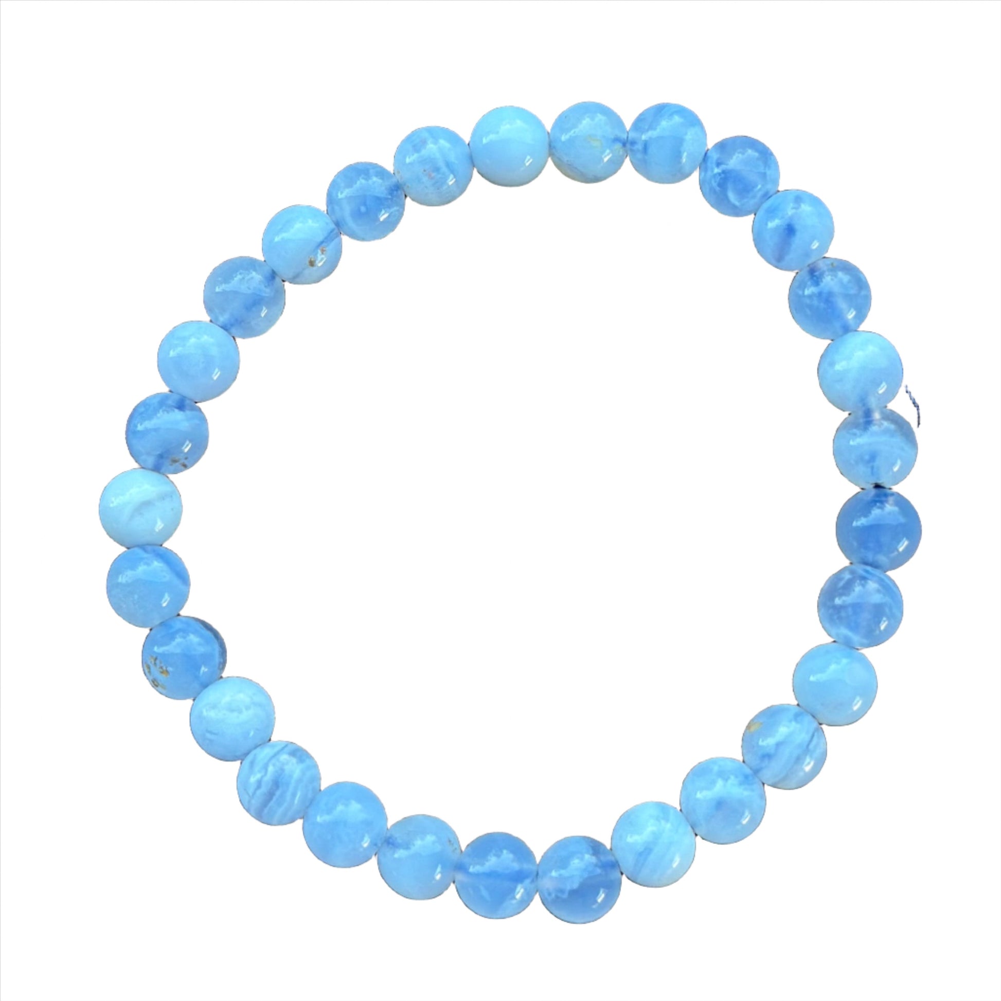 Blue Lace Agate Bracelet made of 6mm stones, known for calming nerves and promoting mental clarity and intuition.