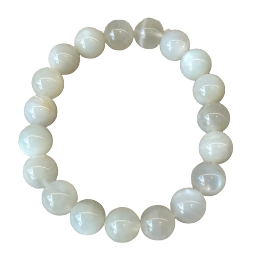 Moonstone bracelet with 10MM beads, promotes new beginnings, inner strength, calmness, and creativity. Perfect for success and well-being.