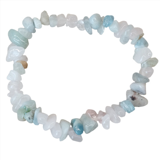 Morganite chip bracelet promoting emotional healing and love, featuring pink gemstones linked to the heart chakra.