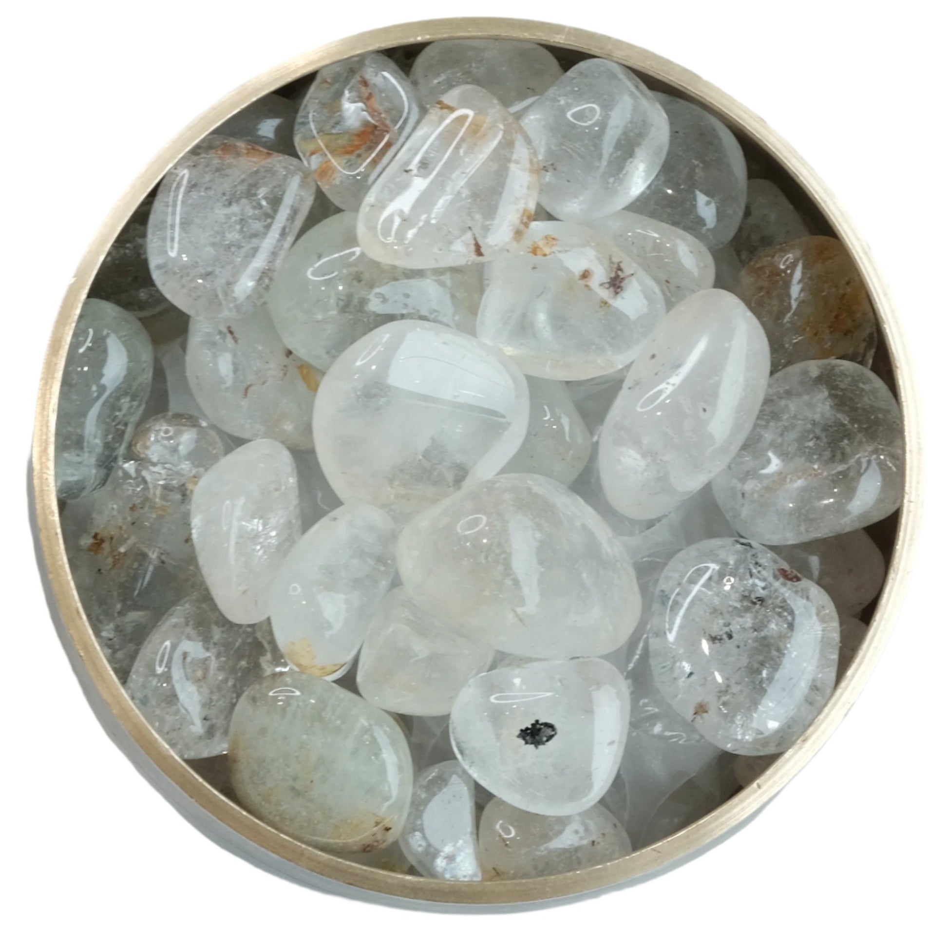 Natural Silver Topaz Tumbled Stones in a round container for healing, relaxation, and promoting love and good fortune.