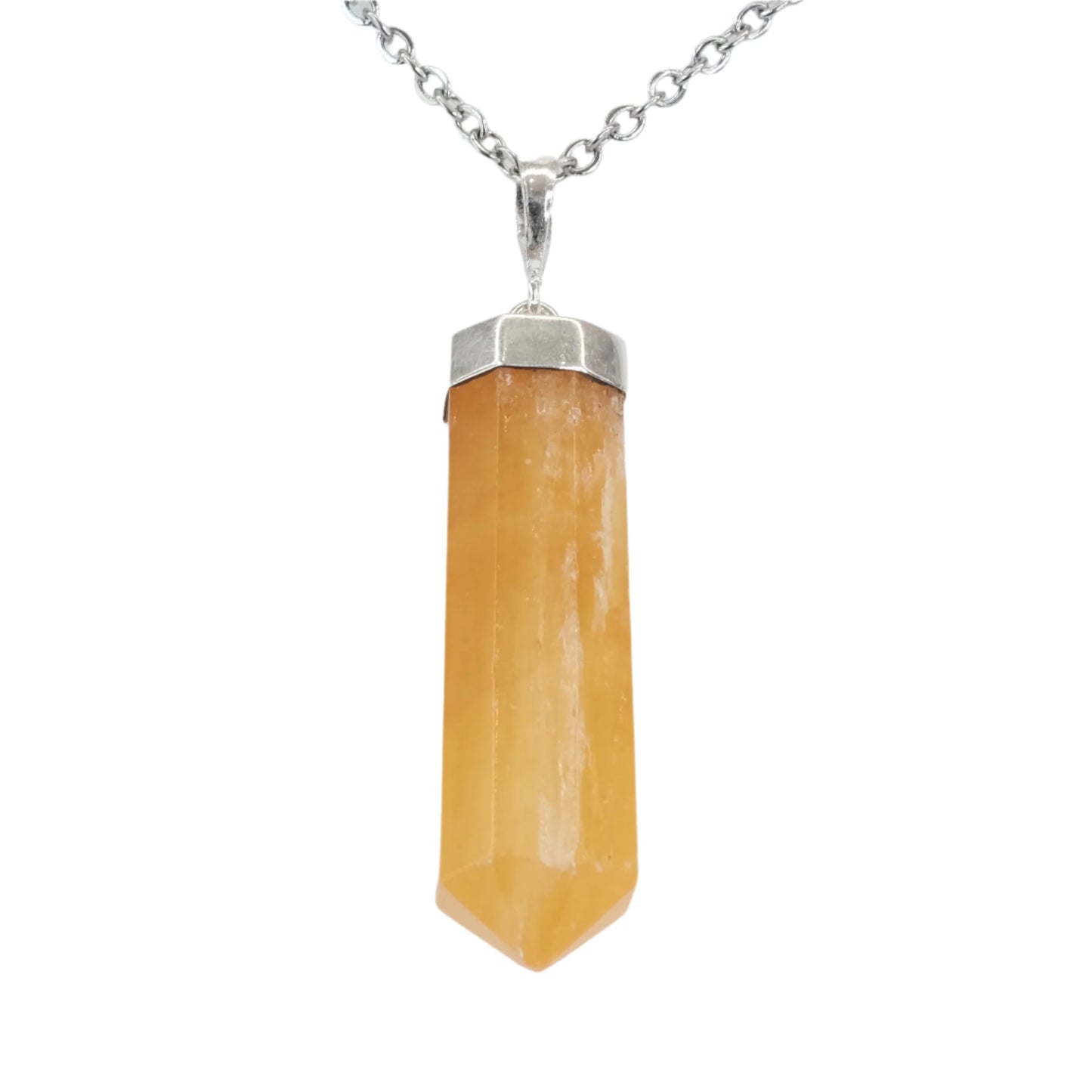 Orange Calcite silver pendant necklace with healing properties for restoring balance and promoting calming energy.