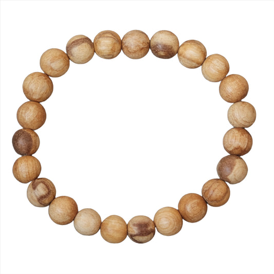 Natural Palo Santo wood bead bracelet on a white background.