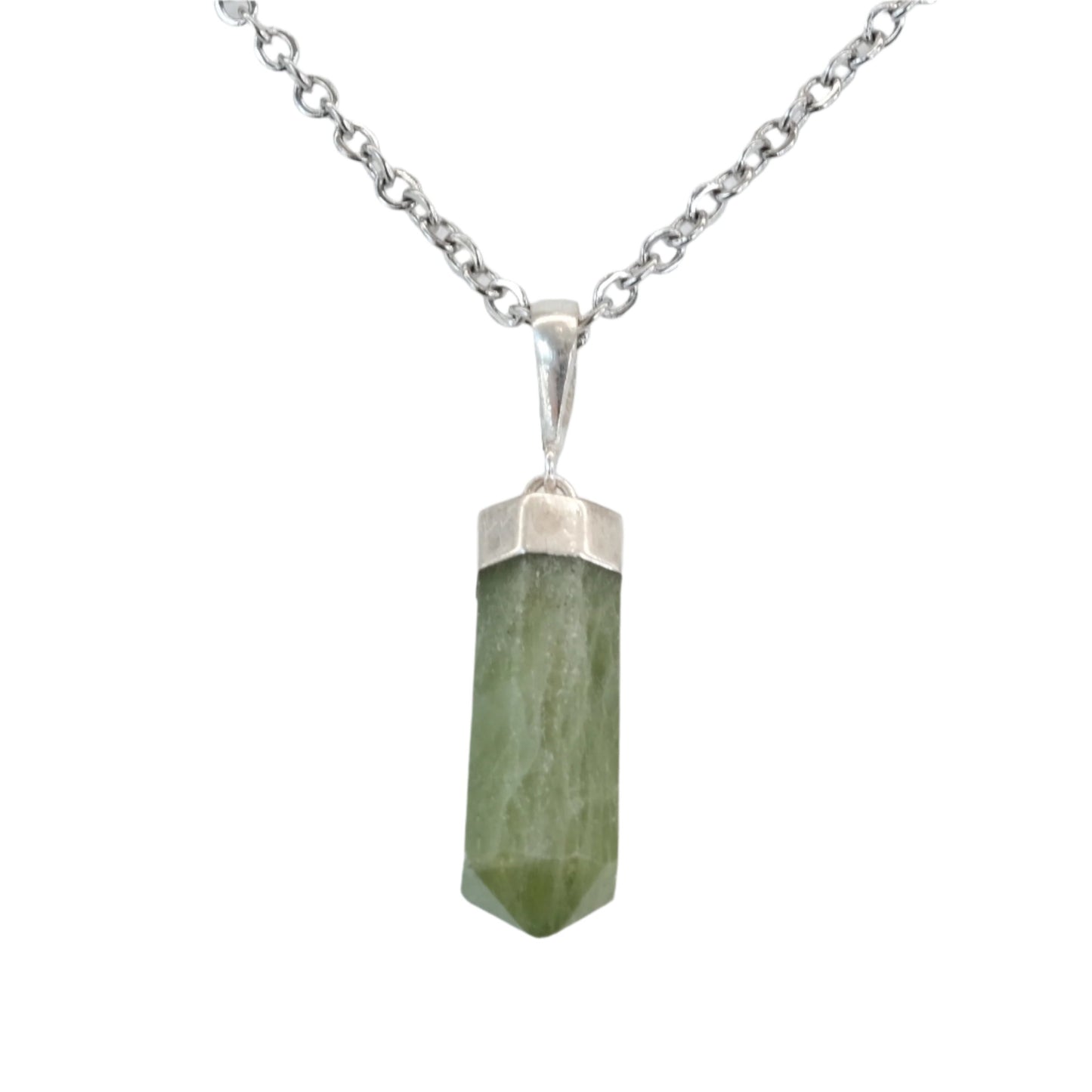 Peridot silver point pendant with chain for healing and stress relief.