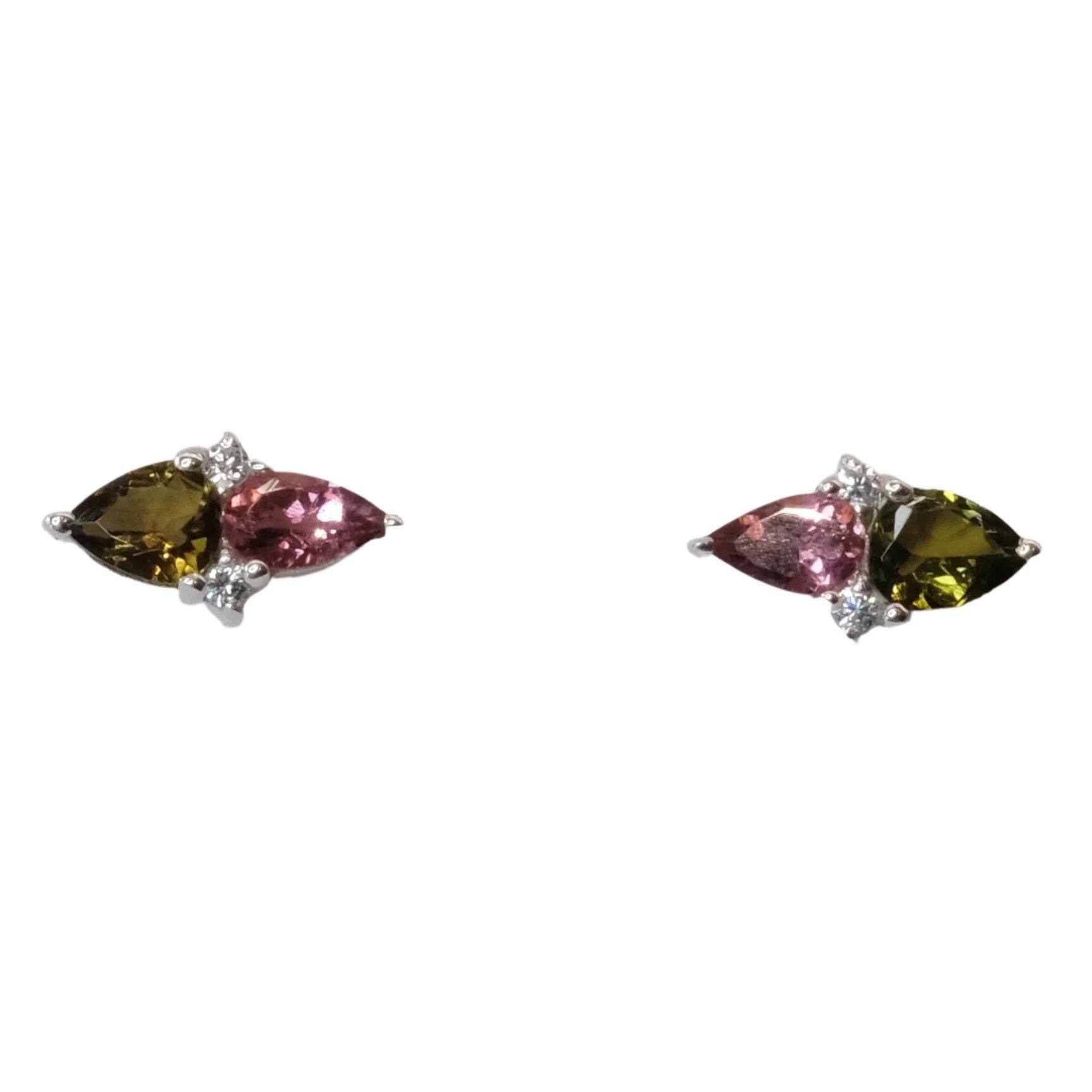 Pink and green tourmaline sterling silver earrings with sparkling stones, offering protection and energy cleansing benefits.