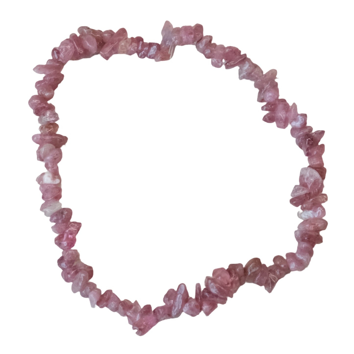 Pink tourmaline chip bracelet with natural gemstone pieces in a circular arrangement.