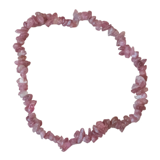 Pink tourmaline chip bracelet with natural gemstone pieces in a circular arrangement.
