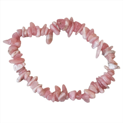 Rhodochrosite chips bracelet for heart opening, emotional stress relief, and respiratory health. Pink stone jewelry promotes positivity.