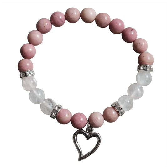 Rhodonite Rose Quartz Heart Bracelet with silver heart charm, featuring pink and white beads for elegance and energy balance.