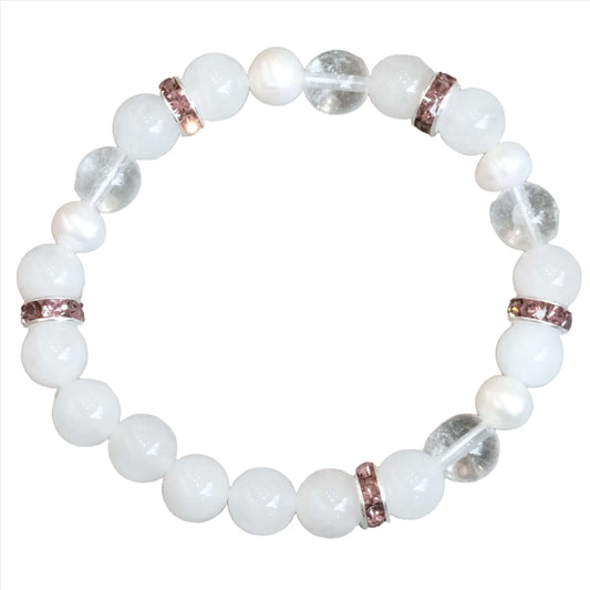 Rose Quartz and Clear Quartz Bracelet with Pearls and Decorative Accents