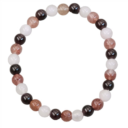 Rose Quartz, Strawberry Quartz, Garnet Bracelet 6MM with alternating pink, white, and dark beads in a circular design.
