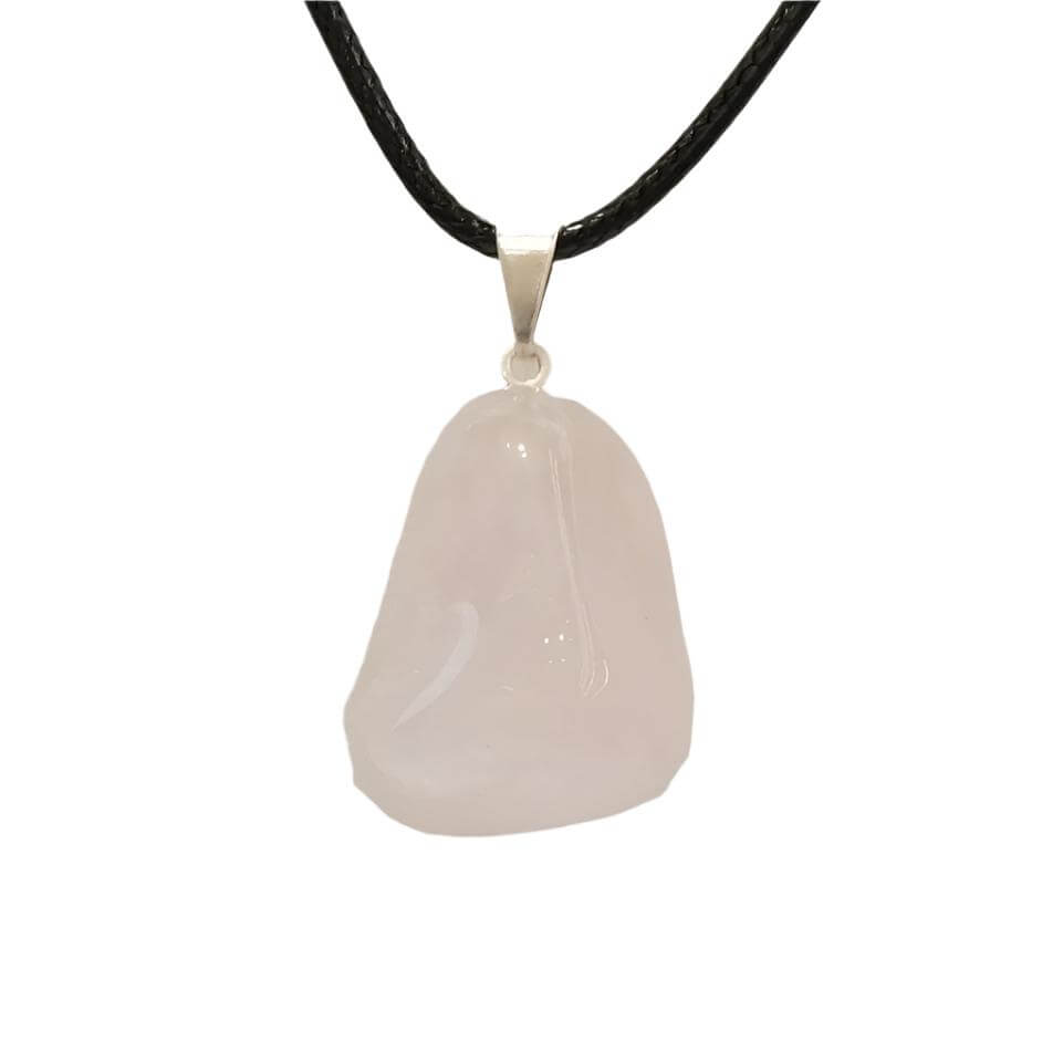 Rose Quartz Tumble Pendant Necklace for self-love and heart healing, features a polished rose quartz stone on a black cord.