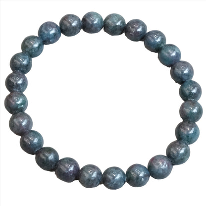 Ruby Kyanite Bracelet 8-10mm with blue-green gemstones, enhancing energy, confidence, and love.