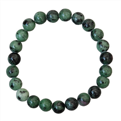 Beautiful 8mm ruby zoisite bracelet showcasing green and red gemstone beads, perfect for adding sophistication and healing properties.