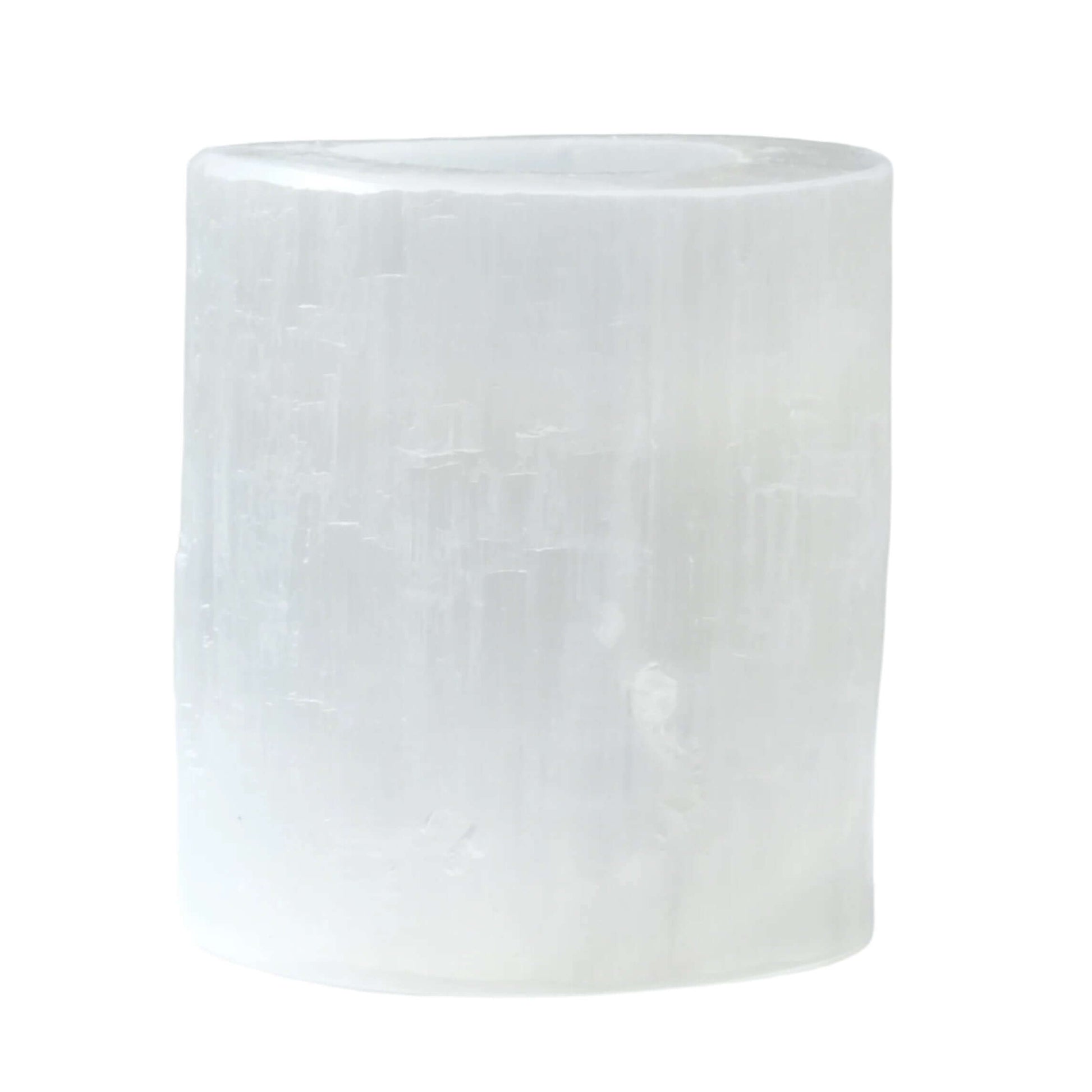 Selenite round candle holder for meditation and spiritual work, promotes mental clarity and understanding.
