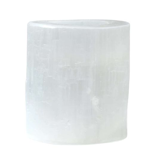 Selenite round candle holder for meditation and spiritual work, promotes mental clarity and understanding.