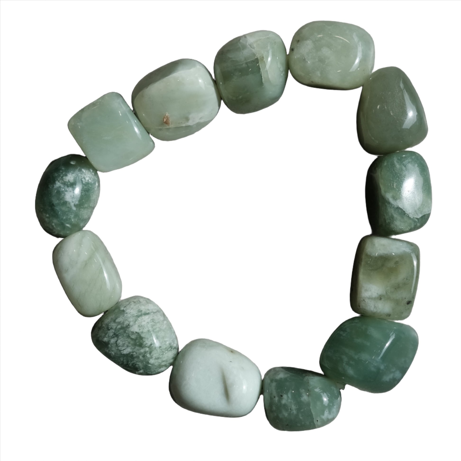 Serpentine tumbled stone bracelet for meditation and healing, featuring green stones for detoxification and spiritual balance.