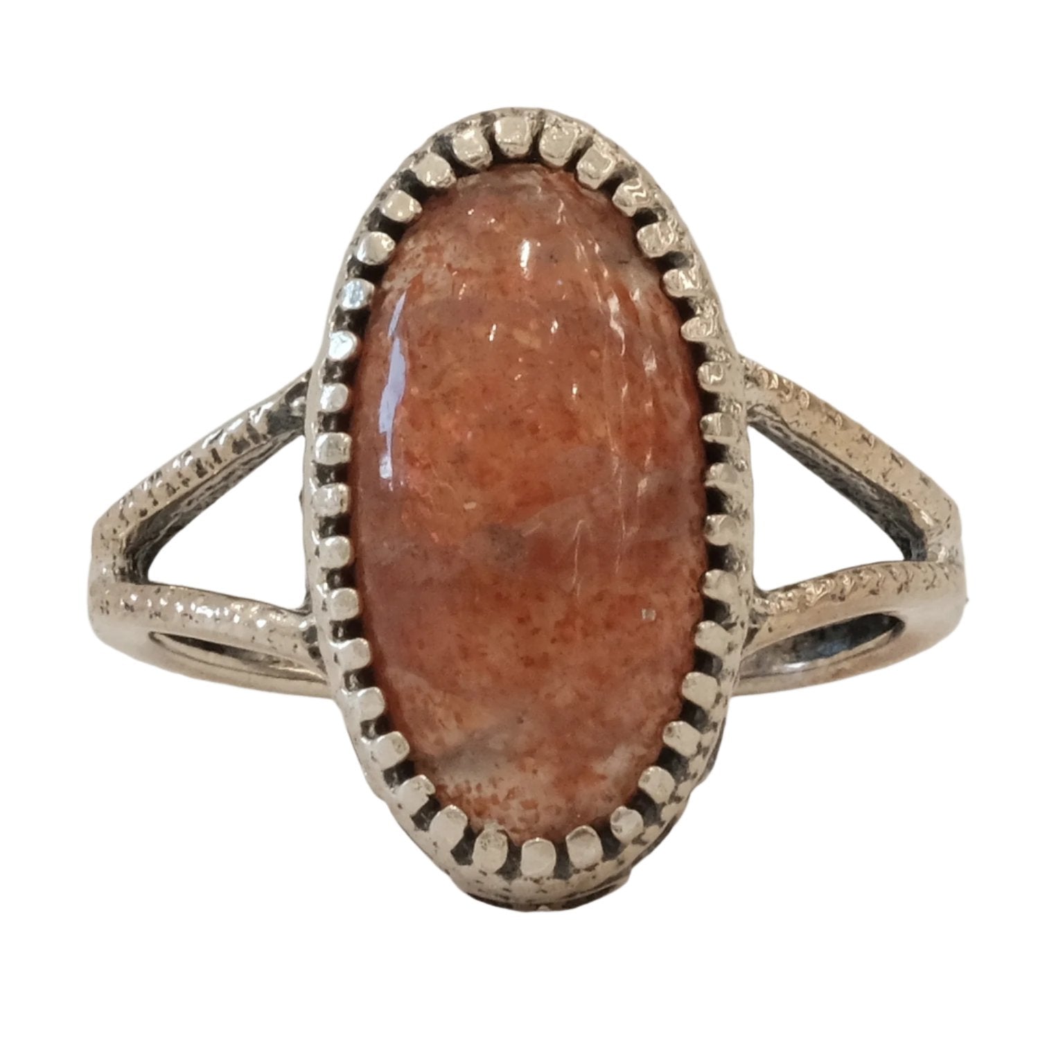 Oval Sunstone sterling silver ring size 8 showcasing a polished stone associated with luck, intuition, and self-expression.