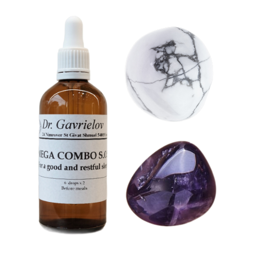 Sleep Better Bundle with Howlite, Amethyst gemstones, and Mega Combo SOS Sleep Healing Essence for restful nights.