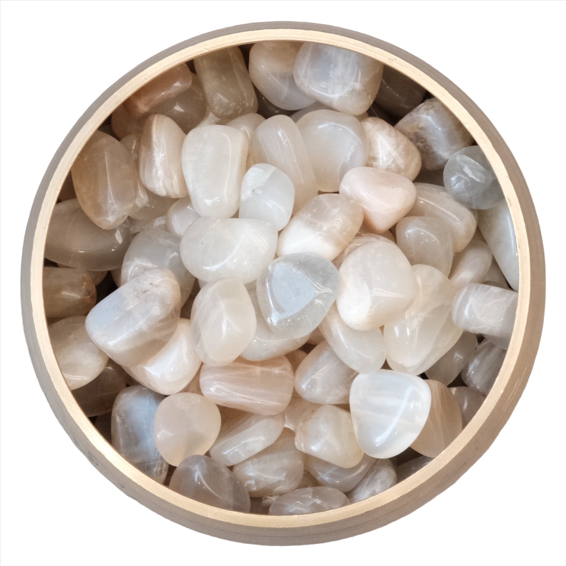 White moonstone tumbled stones in a wooden bowl, promoting new beginnings, inner strength, and calm with enhanced intuition and creativity.