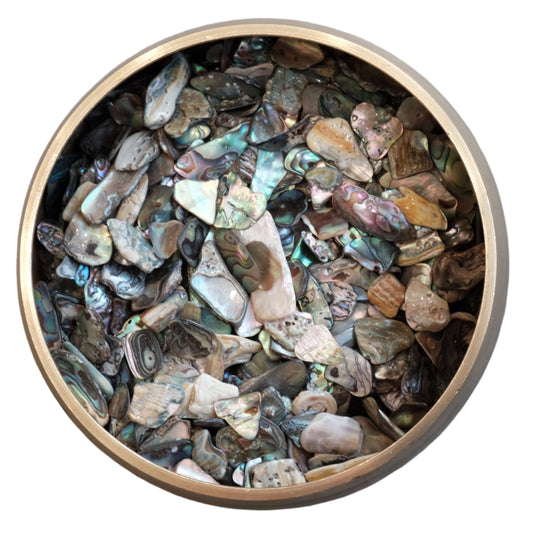 Bowl of colorful 10-20MM abalone shell pieces, promoting peace and emotional healing.