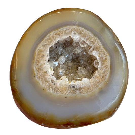 Agate Geode stone with crystallized center, promotes balance and positivity, 4.8 inches high, enhances aura and well-being.