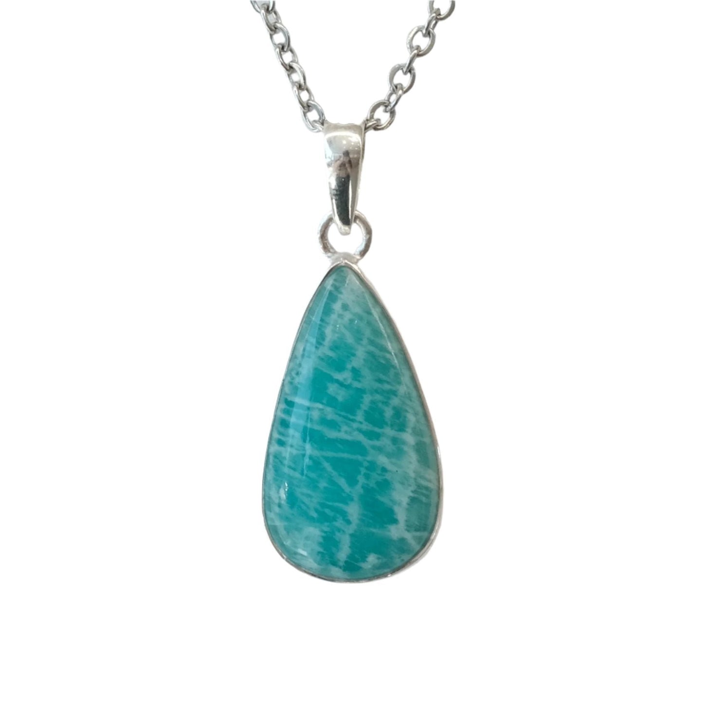 Amazonite sterling silver pendant necklace with teardrop-shaped stone on a chain, promoting emotional balance and calmness.