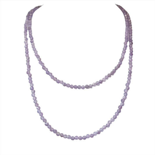 Amethyst faceted 31" necklace, 3MM beads, double strand, versatile multi-wrap bracelet, promotes stress relief and clarity.