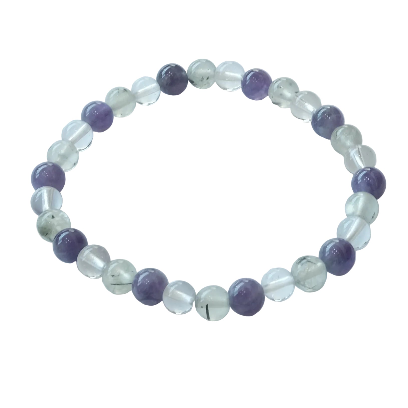 A beaded stretch bracelet featuring alternating translucent clear crystal beads and smooth purple round beads, displayed on a light gray background.