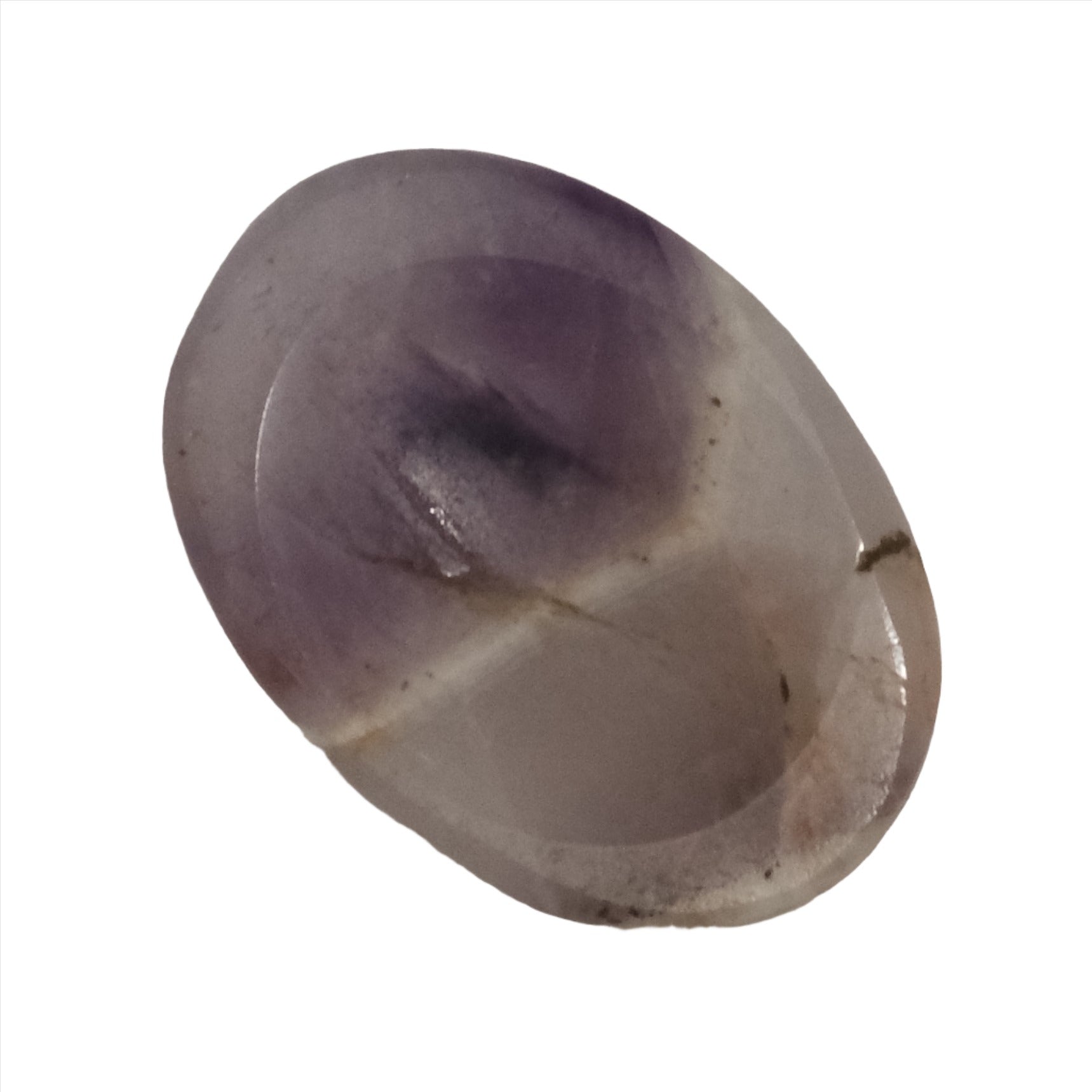 Amethyst worry stone with calming properties, aiding stress relief and promoting clarity of thought and spiritual openness.