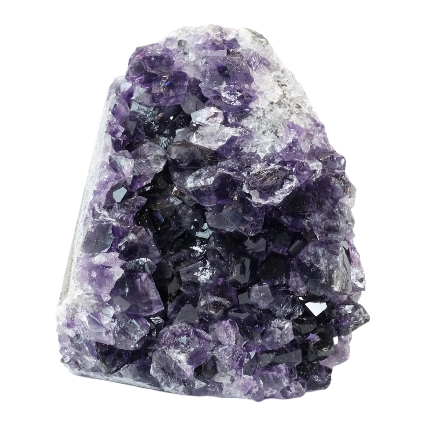 Amethyst cut base geode with purple crystals, known for calming effects and spiritual enhancement.