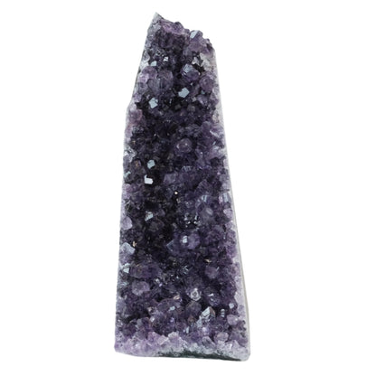 Amethyst Cut Base Geode with deep purple crystals, promotes calm and relief, supports spirituality, and boosts immunity.