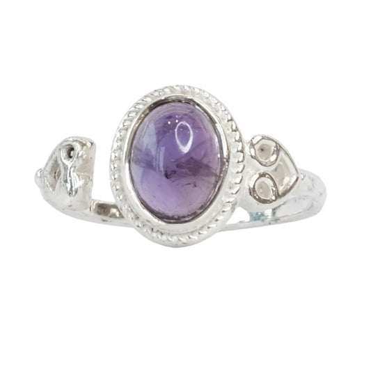 Amethyst oval adjustable sterling silver ring with calming and healing properties for stress relief and immune support.