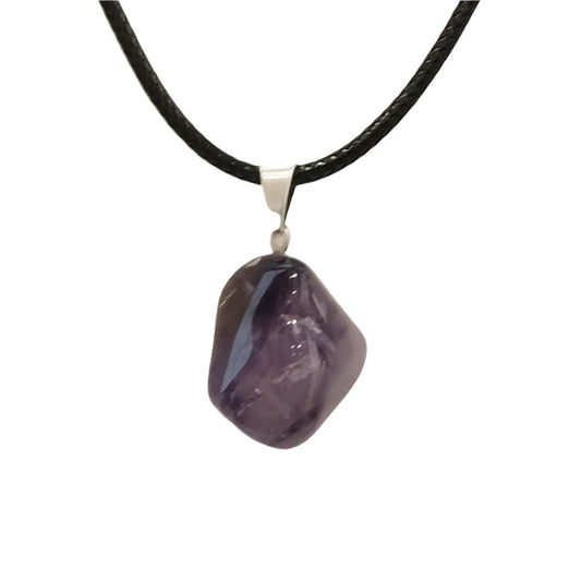 Amethyst tumble stone pendant necklace on black cord, promotes stress relief, mood stability, and immune support.