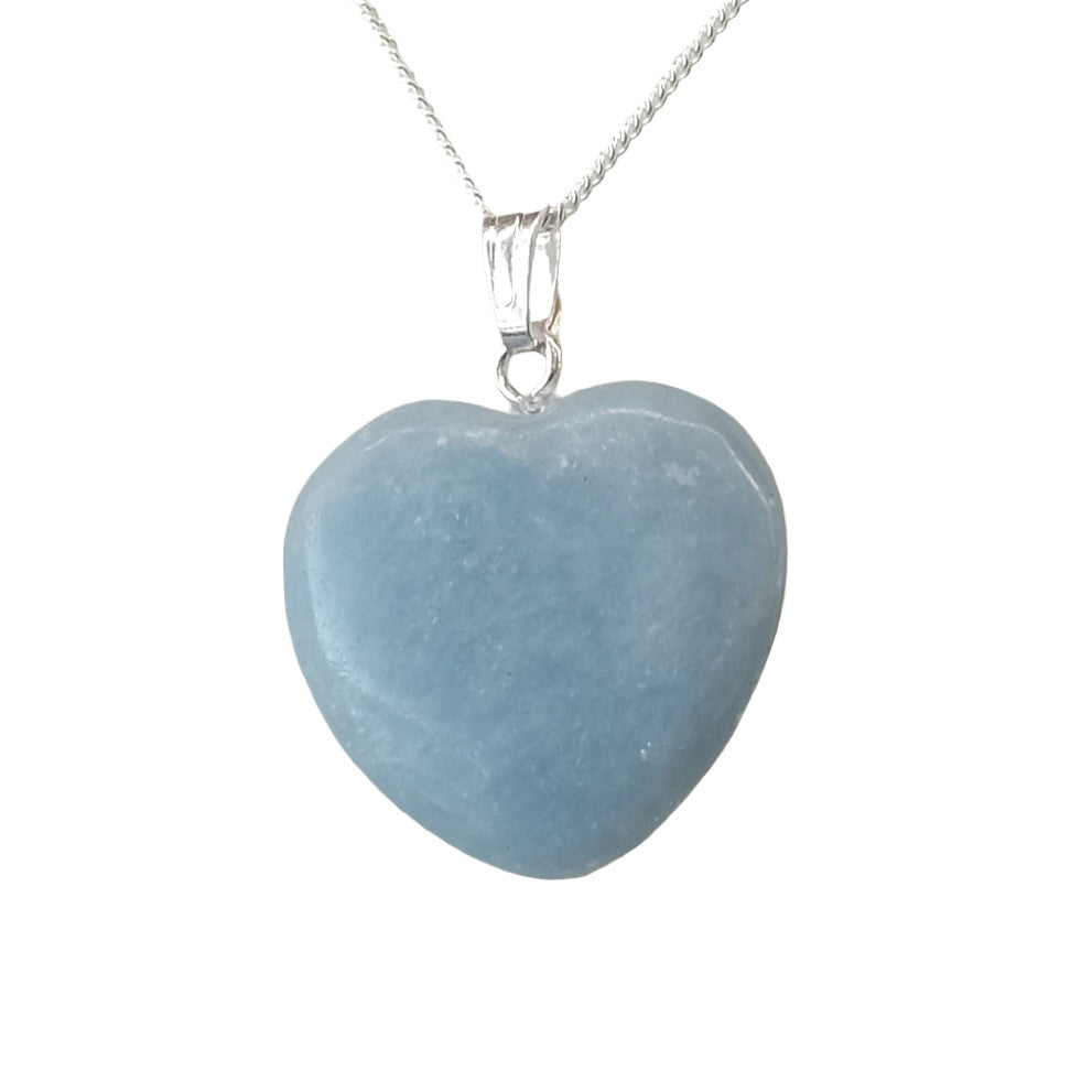 Small Angelite Heart Pendant in soothing blue, known for promoting peace, tranquility, and spiritual awareness.