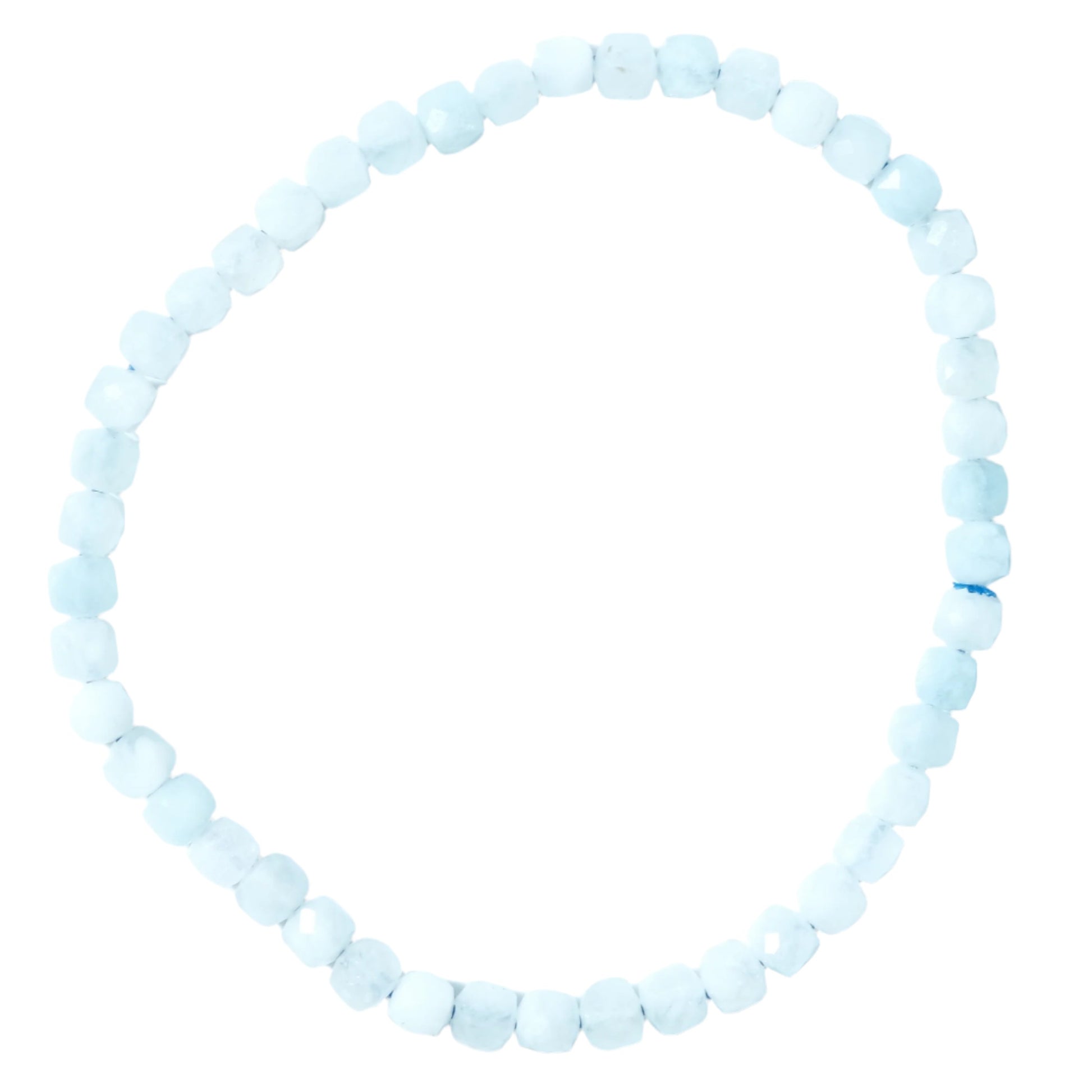 Aquamarine cube bracelet with 4mm light blue beads known for healing properties, perfect for soothing mind and spirit.