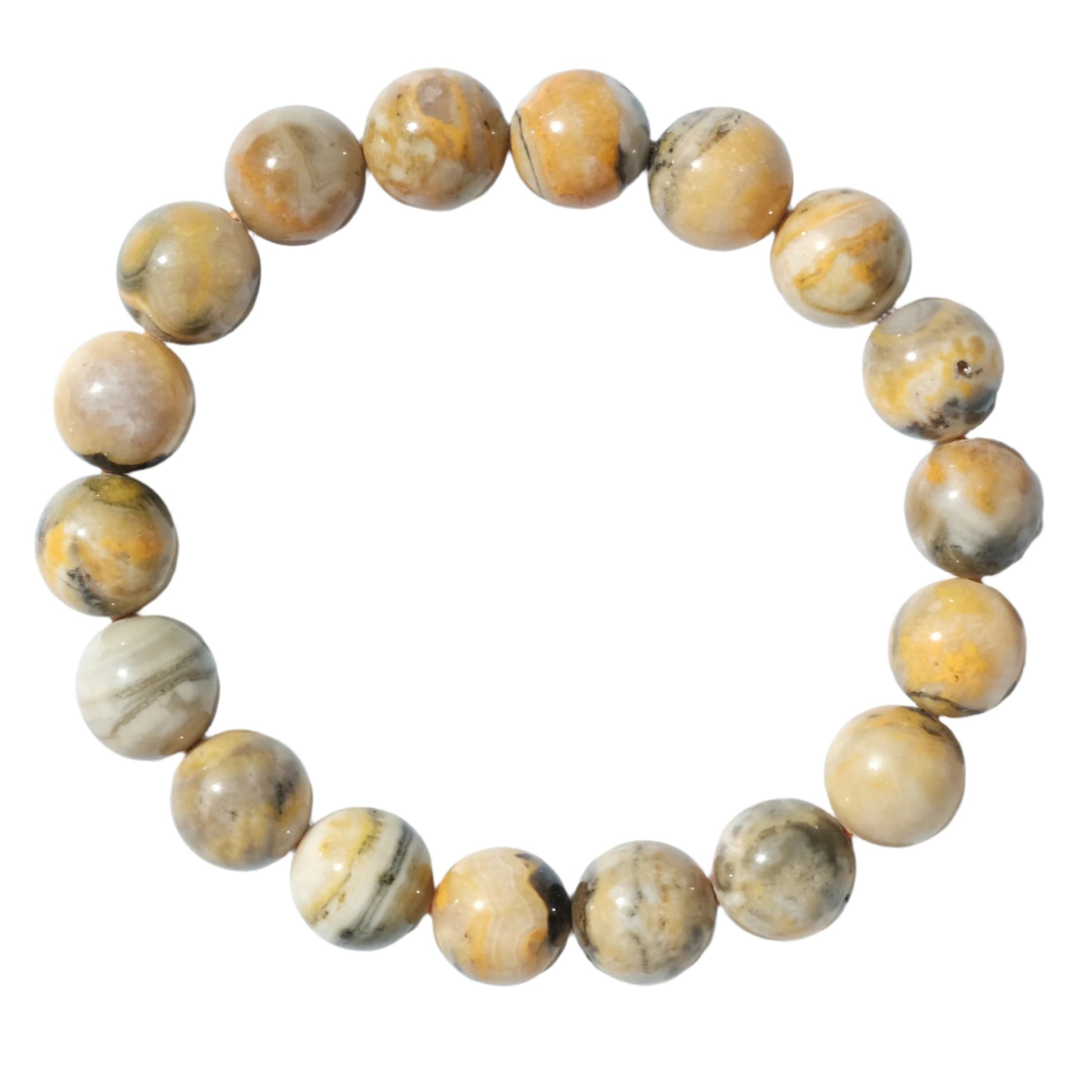 Bumble Bee Jasper bracelet 10MM for energy boost and creativity, featuring round yellow and gray stones in a stretchable band.