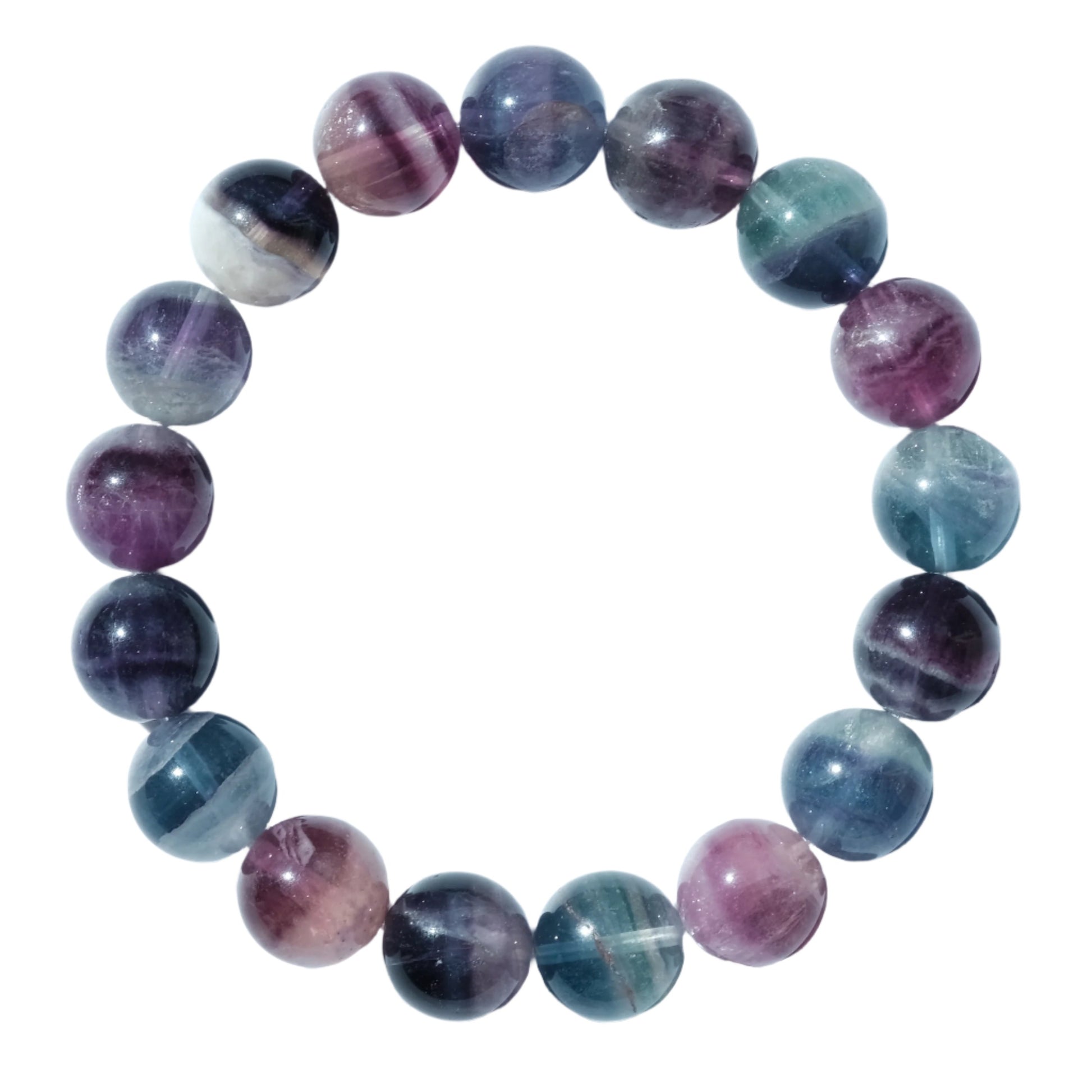 11MM fluorite bracelet with multicolored beads, known for its protective properties and ability to improve intuition and alleviate pain.