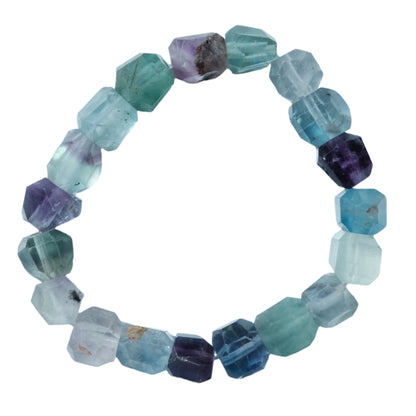 Fluorite bracelet with 9mm multicolored beads, known for grounding and enhancing intuition, displayed on a white background.