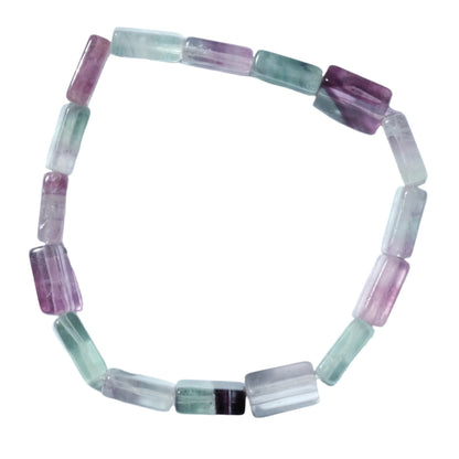 Rectangular fluorite bracelet showcasing multicolored stones known for protection, grounding, and intuition. Ideal for pain relief and healing.