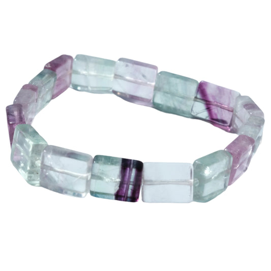 Multi-colored rectangular fluorite 9MM bracelet for protection and intuition enhancement.