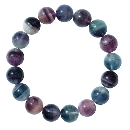 Multicolor fluorite bracelet 11MM beads, enhances intuition, grounding properties, aids bone health, rheumatism, and nerve pain relief.