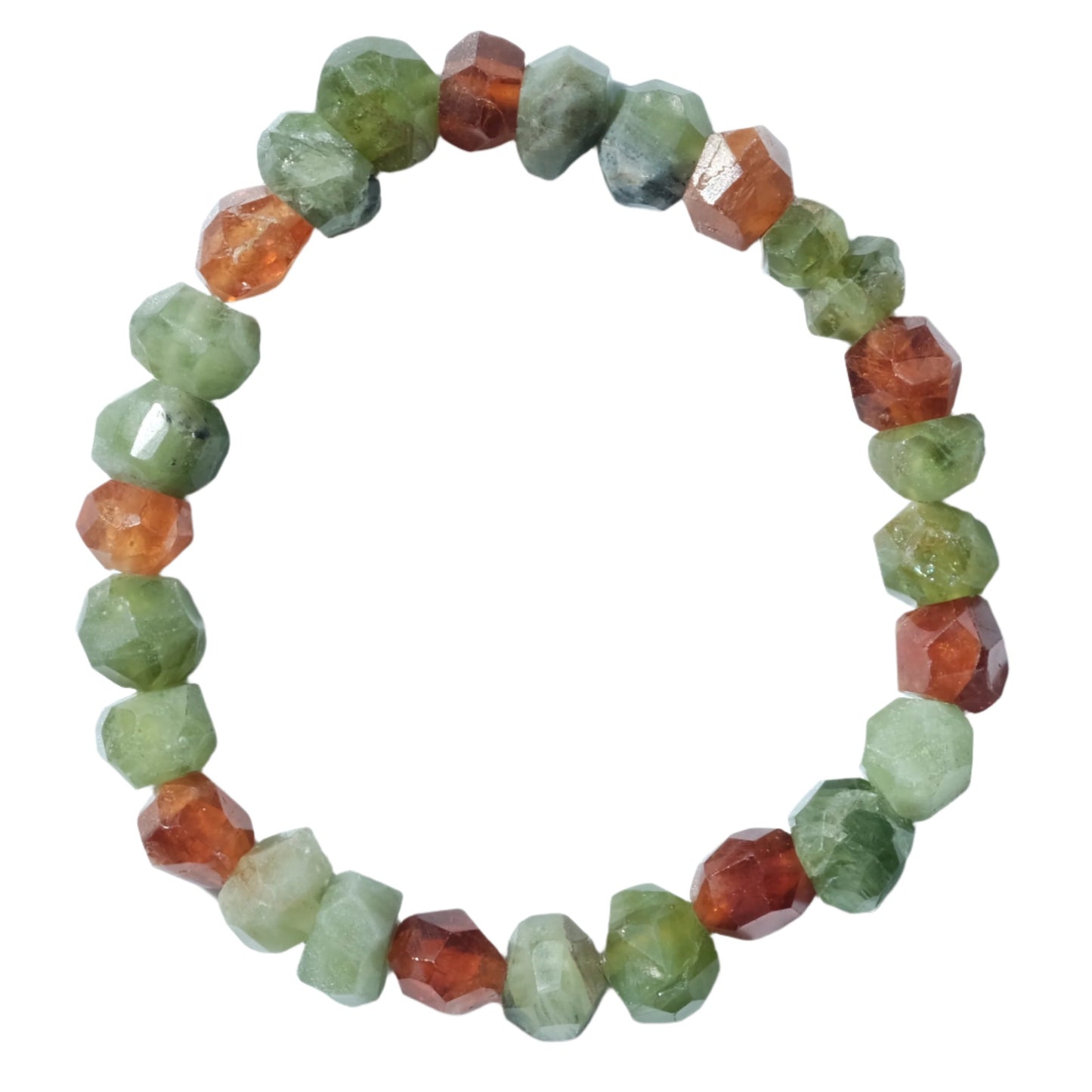 Garnet and peridot gemstone bracelet with faceted beads, showcasing vibrant green and red hues for energy balance and revitalization.