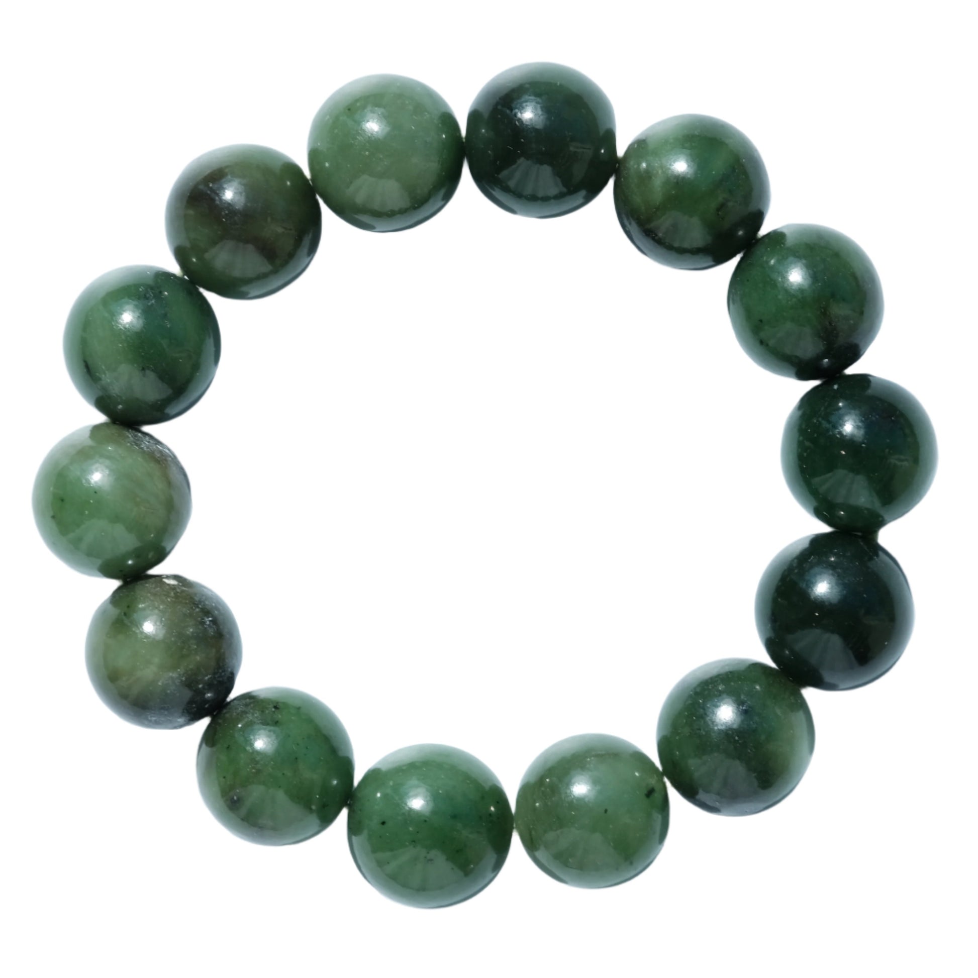 Jade bracelet with 15MM beads, crafted from genuine jade, believed to balance body and mind with healing properties.