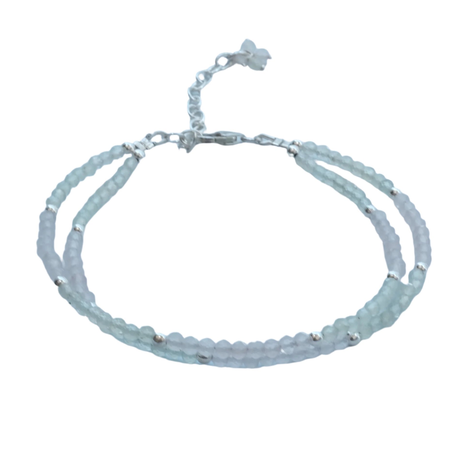 Sterling silver bracelet with rose quartz and prehnite beads, promoting self-confidence and healing energy.