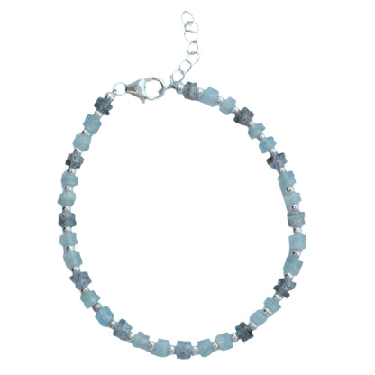 Aquamarine sterling silver bracelet with light blue beads, known for healing properties, perfect for soothing mind and spirit.