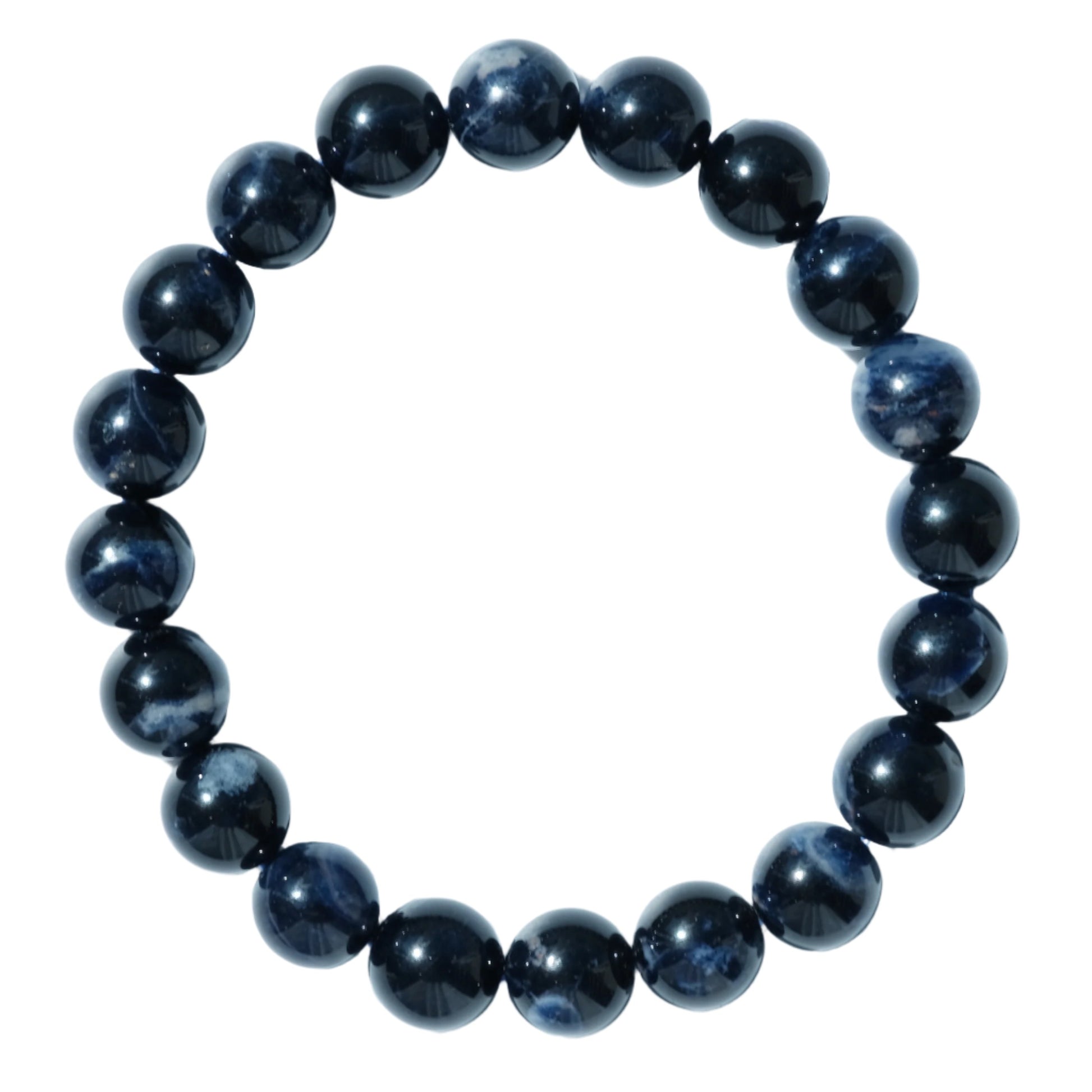 Sodalite bracelet 10mm with deep blue stones, known for enhancing insight, analysis, and intuition. Perfect for holistic energy support.